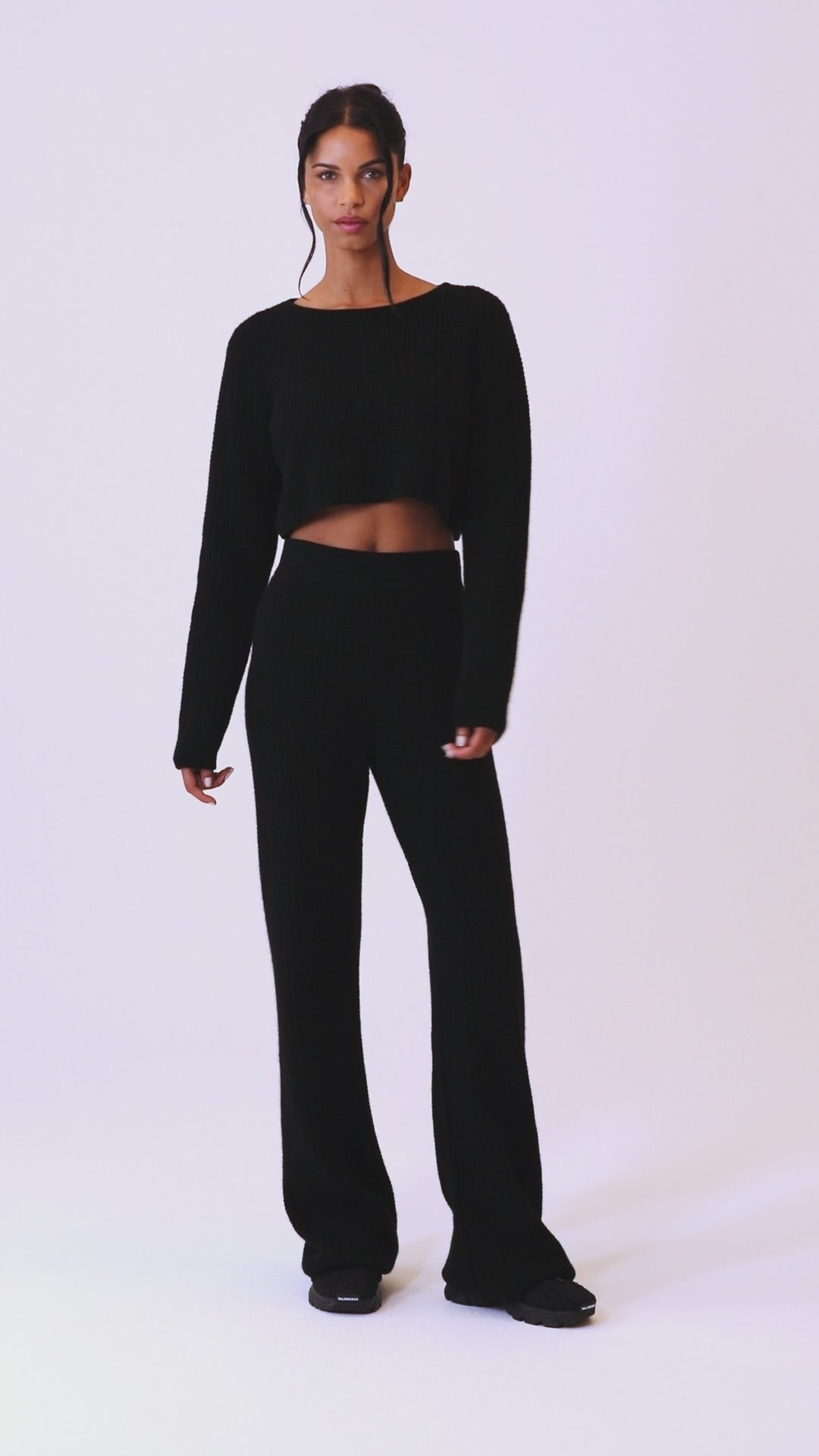 Cashmere Plush Waffle Cropped Long Sleeve - Black