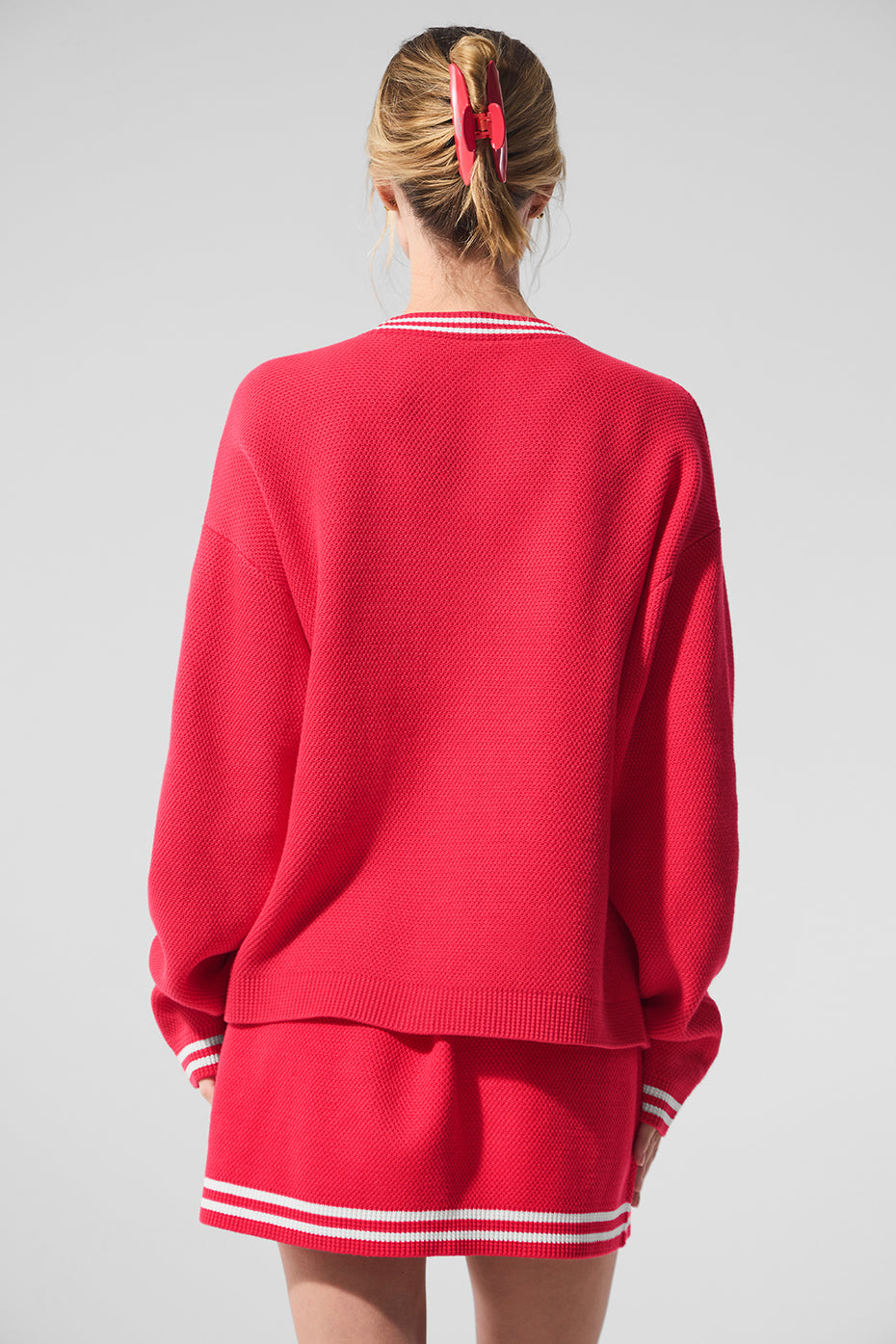 Tennis Club Sweater Knit Cardigan - Candy Red/White